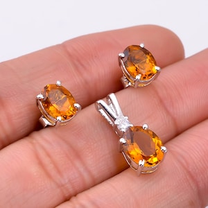 Citrine earrings pendant Natural Citrine Jewelry Set Sterling Silver Earrings Pendant Set Pendant Set Oval Citrine Jewelry