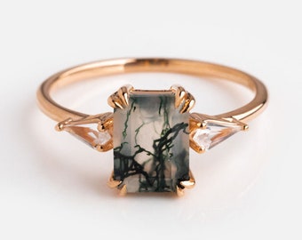 Moss Agate Ring Engagement Ring Emerald Cut Moss Agate Ring 3 Stone Unique Women Bridal Promise Ring Wedding Ring Aquatic Anniversary Ring