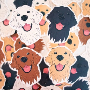 Pu&ograve; includere: Una collezione di adesivi con facce di cani Golden Retriever sorridenti in vari colori: bianco, nero, marrone chiaro e marrone. Ogni adesivo ha una lingua rosa e un'espressione felice.