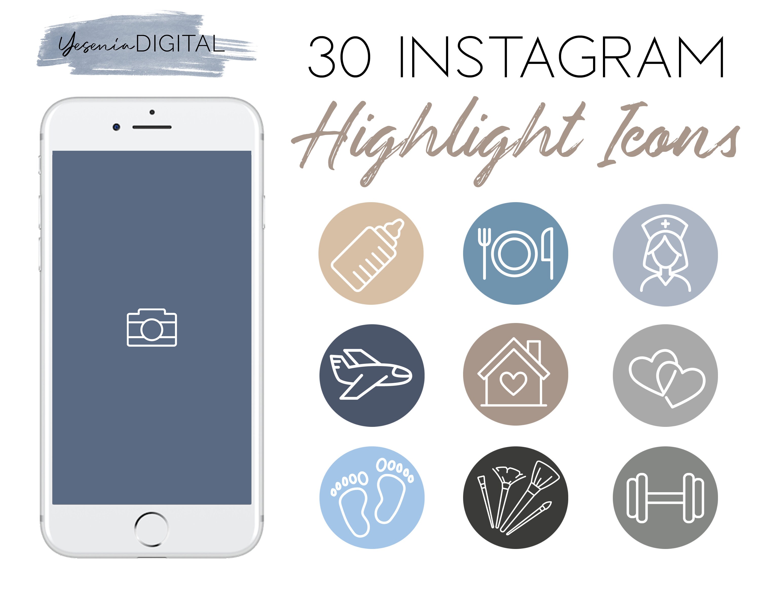 30 Instagram Story Highlight Icons Neutral Blue Color Scheme - Etsy