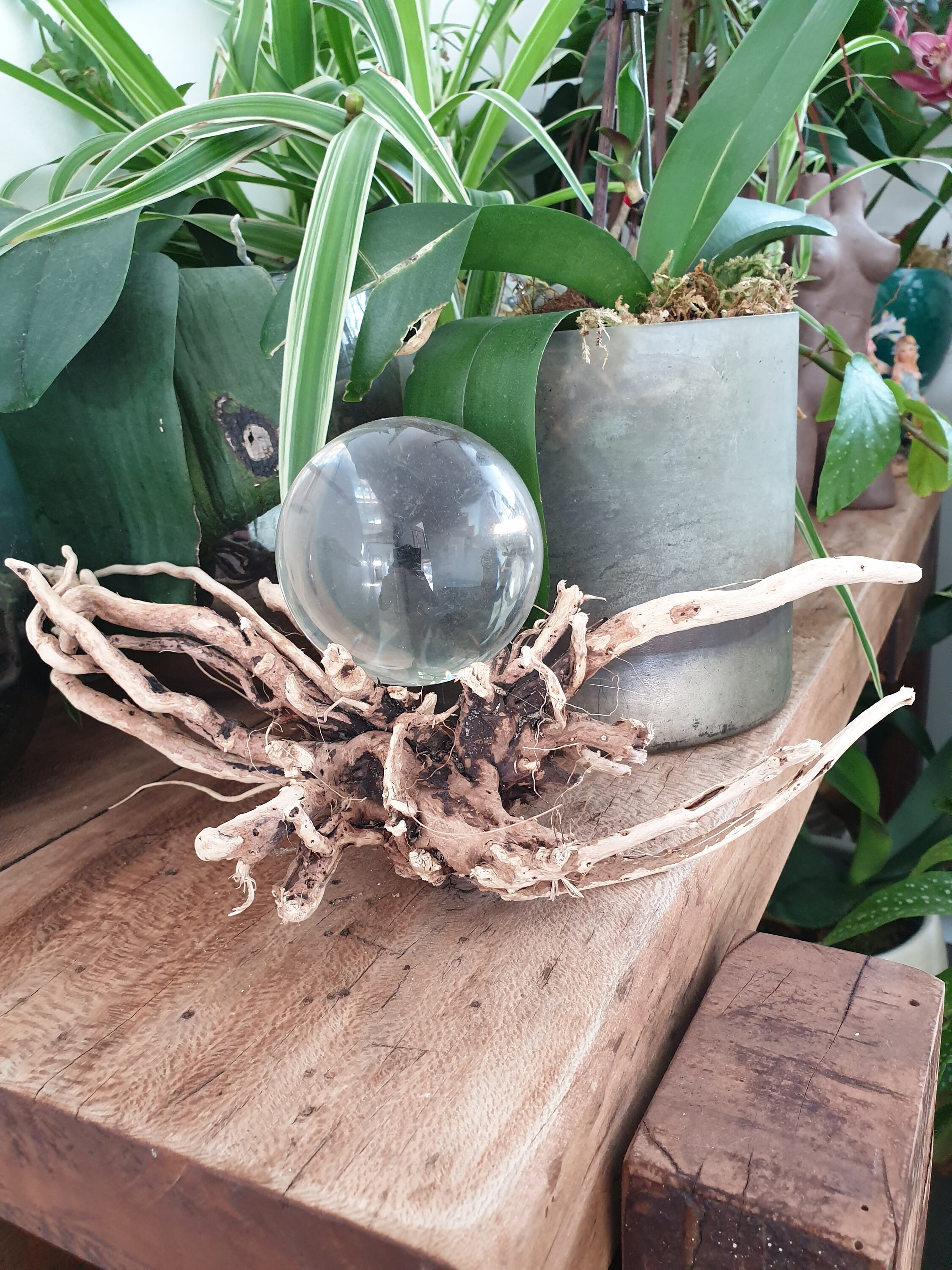 Boule de Verre 8cm sur Bois Flotté