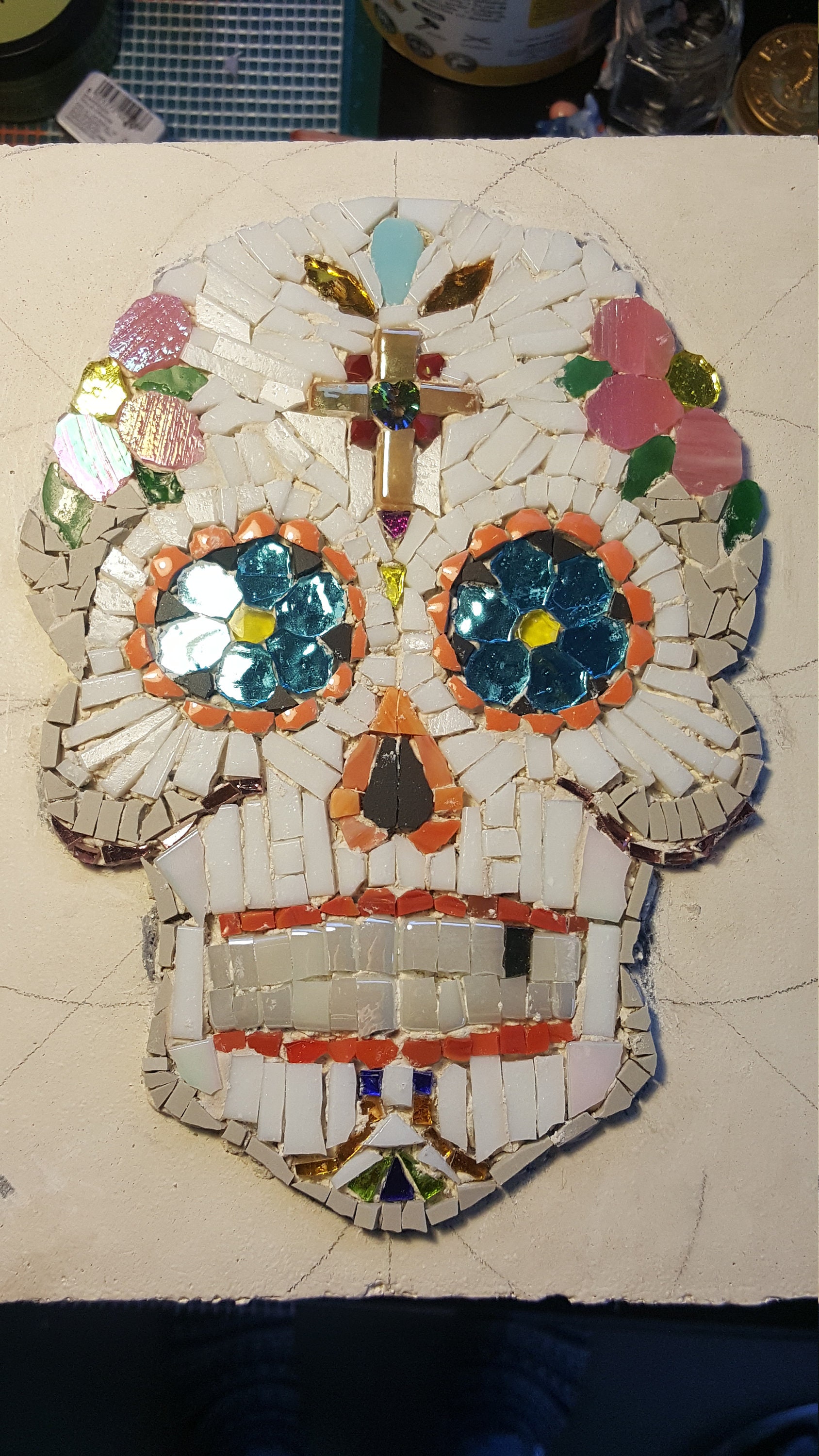 Pot de Fleur avec Calavera Mexicaine en Mosaïque