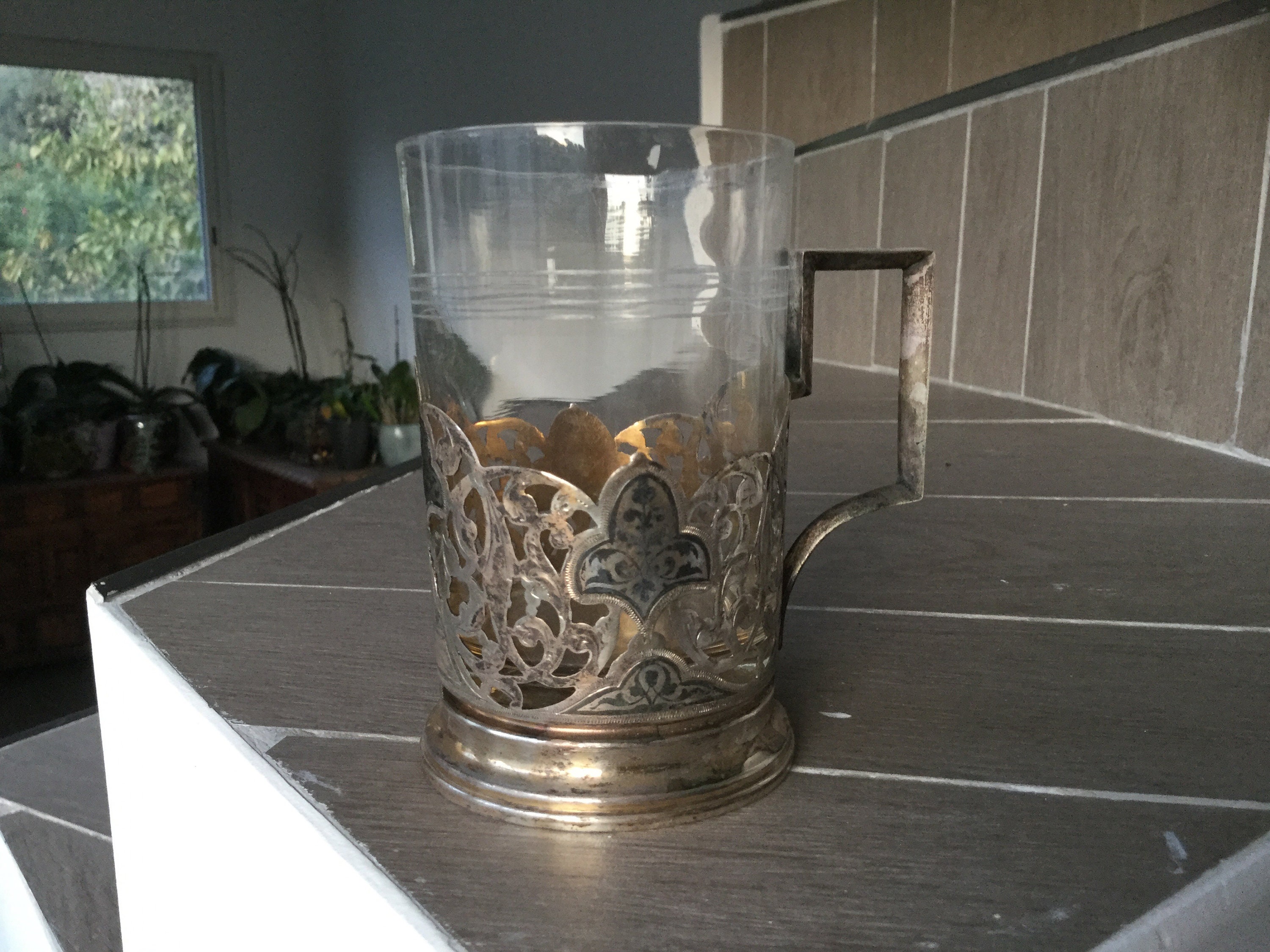 Porte Verre à Thé Ancien Russe en Argent et Cristal, Antiquité