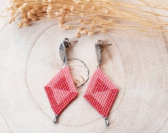 Diamond earrings, Pink earrings, Valentines Day earrings, Geometric earrings, Miyuki earrings, Dangle earrings, Diamond Statement earrings