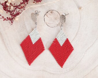 Diamond earrings, Red earrings, Geometric earrings, Miyuki earrings, Dangle earrings, Diamond Statement earrings