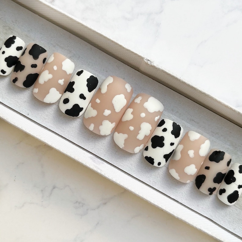 Matte Black and white cow print set of nails Stick on nails Press on nails False nails Fake nails Acrylic nails Animal print Coffin Square image 2