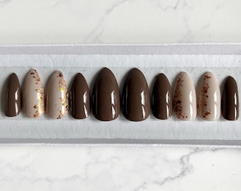 Neutral brown coloured set of nails with bronze foil Fake nails False nails Press on nails Acrylic nails Stick on nails Autumn