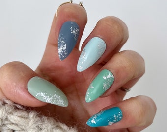 Matte blue and turquoise coloured set of nails with silver flakes Fake nails False nails Press on nails Acrylic nails Stick on nails