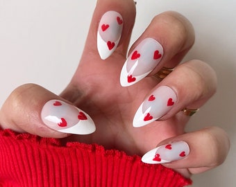 French Tip Press On Nails with Red Hearts Valentine's Day