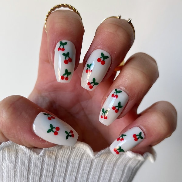 White set of nails with cherry design Stick on nails Fake Nails False Nails Acrylic Nails Press-on Nails Spring Summer