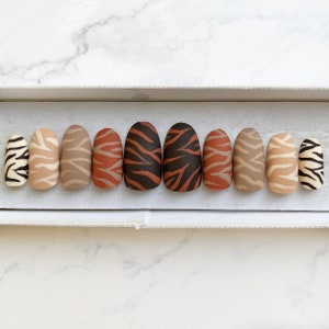 Matte zebra print set of nails Stick on nails Press on nails False nails Fake nails Animal print Brown and Neutral