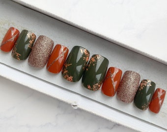 Khaki and brown set of nails with glitter and foil Stick on nails Fake nails False nails Press on nails Acrylic nails Winter Nails