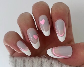 French tip set of nails with pink love hearts Stick on nails Press on nails False nails Fake nails Acrylic nails Valentines Nails
