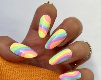 Multicoloured pastel festival set of nails with swirls Stick on nails Fake nails False nails Press on nails Acrylic nails Square Oval