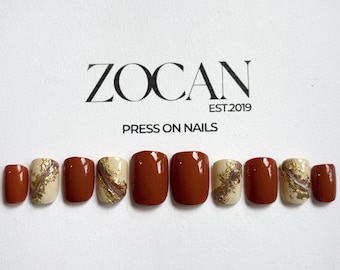 Rust Brown Press On Nails with Gold Foil Marble Design