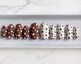 Matte Brown and white polka dots set of nails Press on nails Acrylic nails Fake nails False nails Stick on nails