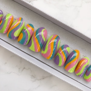 Multicoloured festival set of nails with swirls Stick on nails Fake nails False nails Press on nails Acrylic nails Square Oval Almond