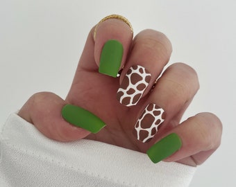 Matte green and brown set of nails Stick on nails Press on nails False nails Fake nails Acrylic nails Animal print Coffin Square