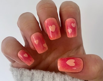 Pink aura set of nails with love hearts Stick on nails Press on nails False nails Fake nails Acrylic nails Valentines Day nails