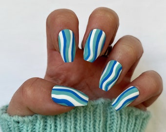Matte white and blue set of nails with wavy lines Stick on nails Press on nails Fake nails False nails Acrylic nails Square Oval Long Short