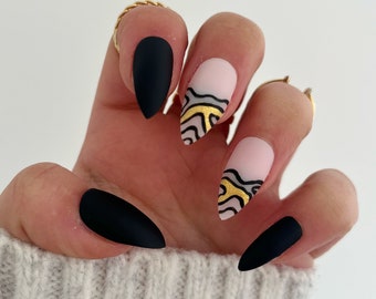 Matte Black Press On Nails with Gold Detailing