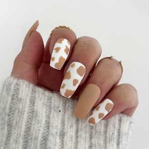 Matte brown and white cow print set of nails Stick on nails Press on nails False nails Fake nails Acrylic nails Animal print Coffin Square