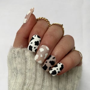 Matte Black and white cow print set of nails Stick on nails Press on nails False nails Fake nails Acrylic nails Animal print Coffin Square image 1