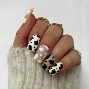 Matte Black and white cow print set of nails Stick on nails Press on nails False nails Fake nails Acrylic nails Animal print Coffin Square