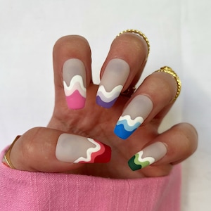 Multicoloured drip set of nails Stick on nails Press on nails False nails Fake nails Acrylic nails Animal print Coffin Square image 1