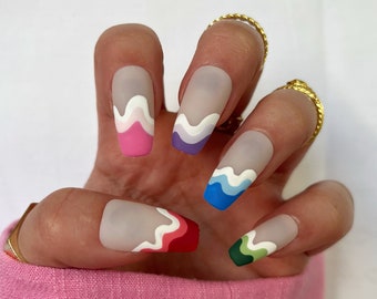 Multicoloured drip set of nails Stick on nails Press on nails False nails Fake nails Acrylic nails Animal print Coffin Square