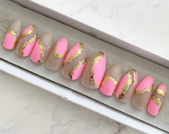 Pink set of nails with gold foil Stick on nails Acrylic nails Press on nails Fake nails False nails