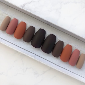 Matte brown multicoloured set of nails neutral autumnal tones colours Fake nails False nails Press on nails Acrylic nails Stick on nails