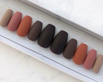 Matte brown multicoloured set of nails neutral autumnal tones colours Fake nails False nails Press on nails Acrylic nails Stick on nails