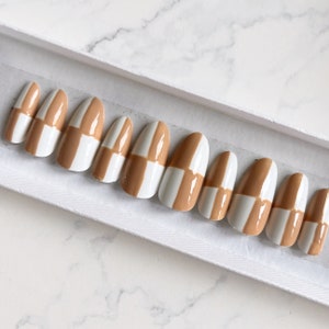 Brown and white checkered set of nails Stick on nails Press on nails False nails Fake nails Acrylic nails Neutral nails
