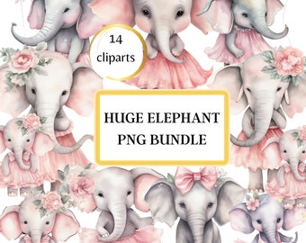 Whimsical Watercolour Cute Elephant Clipart Bundle: Cute Balloons, Pink Tutus, High-Quality PNG, Digital Prints, Scrapbooking Supplies
