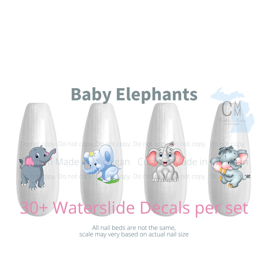 Baby Elephants Nail Art, Elephant Nail Decal, Cute Baby Elephant Nail Art, Cartoon Elephant Nail