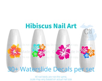 Nail Decals Hibiscus Flower, Hibiscus Nail Decals, Hawaii Flower Nail Decals, Flower Nail Decals, Pink Hibiscus, Waterslide Decals Transfers