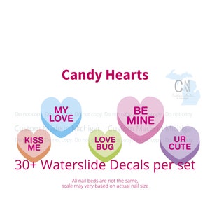 Candy Heart Valentine nail art, Candy Heart Nail Art, Love Nail Art, Valentines day Nails, Waterslide Nail Decals Transfers