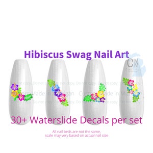 Nail Decals Hibiscus Swag Nail Art, Hibiscus Nail Decals, Flower Nail Art, Pink and purple flowers, Hawaiian Nail Art, Waterslide Transfers