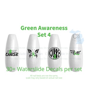 Awareness Nail Art, Non Hodgkin&#39;s Lymphoma, Muscular Dystrophy, Spinal Cord Awareness, Lyme Disease, Kidney Disease,  green awareness set 4