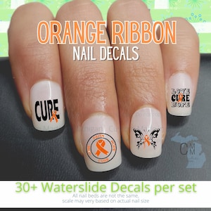 Awareness Nails, Adhd, Copd, Crps, Kidney Cancer, Leukemia, Multiple Sclerosis, Rsd Awareness, Orange, Nail Art, Ribbon nail, Orange Ribbon
