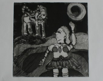 A woman moon and a monkey, original aquatint etching