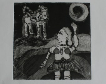 Una mujer luna y un mono, aguatinta original grabado