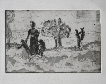 Jardin de sculptures, gravure d'aquatint originale