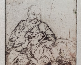 Un hombre y su perro, grabado original