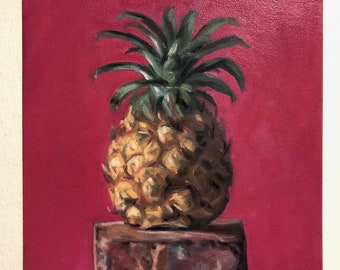 still life of a pineapple on a brick