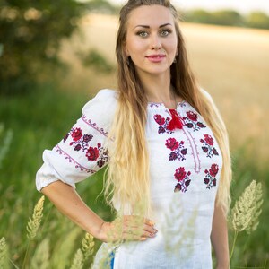 Ukrainian vyshyvanka blouse, Ukrainian embroidered blouse, Vyshyvanka bohemian ethnic shirt boho chic peasant top Linen Shirt For Her