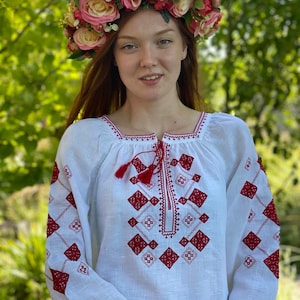 Ukrainian vyshyvanka blouse, Ukrainian embroidered blouse, Vyshyvanka bohemian ethnic shirt boho chic peasant top Linen Shirt For Her