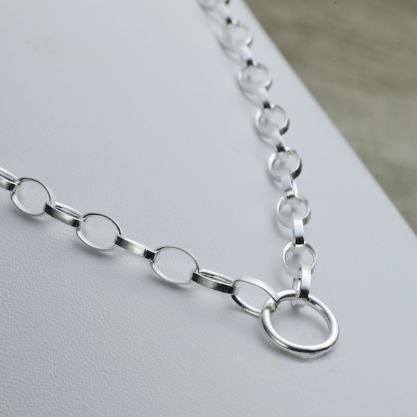 Sterling Silver Charm Necklace, Rolo Link, Multi Charm, Silver Chunky Pendant Necklace, Long Pearl Necklace, Thick Silver Chain Necklace