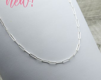 Paper Clip Link Choker Necklace in Sterling Silver, Dainty, 16.5" Length, 2.8mm Width, Lobster Clasp